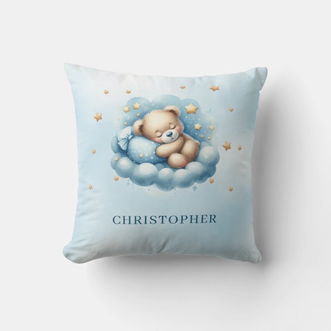 Cute sleeping teddy bear over the cloud throw pillow (Front)