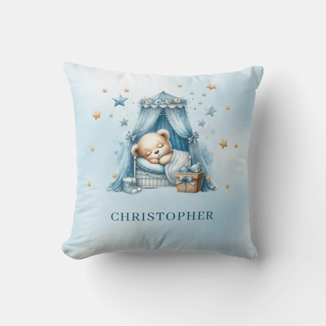 Cute sleeping teddy bear over the cloud throw pillow (Front)