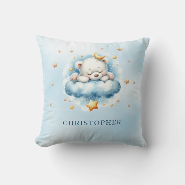 Cute sleeping teddy bear over the cloud throw pillow (Front)