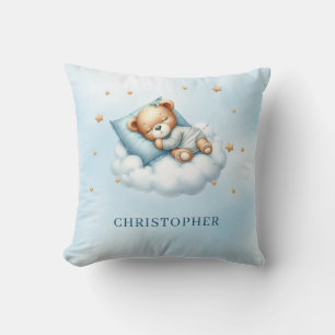 Cute sleeping teddy bear over the cloud throw pillow