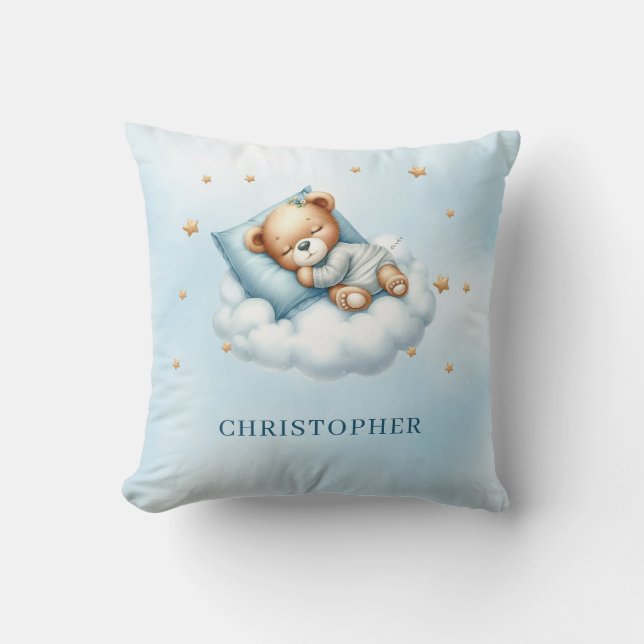 Cute sleeping teddy bear over the cloud throw pillow (Front)