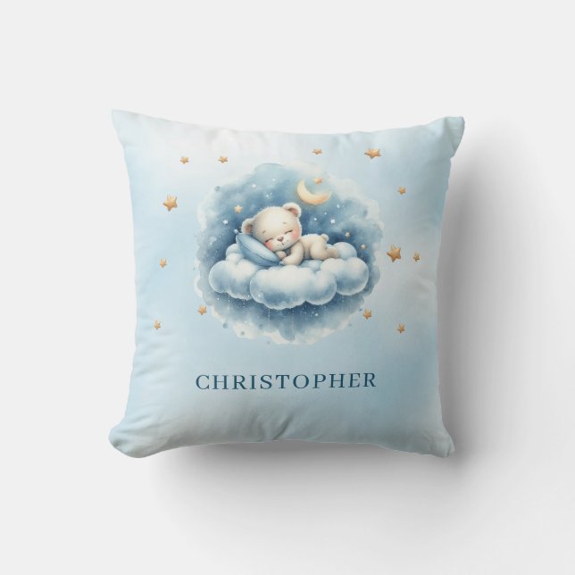 Cute sleeping teddy bear over the cloud throw pillow (Front)