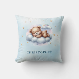 Cute sleeping teddy bear over the cloud throw pillow