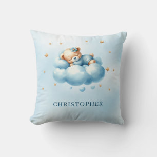 Cute sleeping teddy bear over the cloud throw pillow
