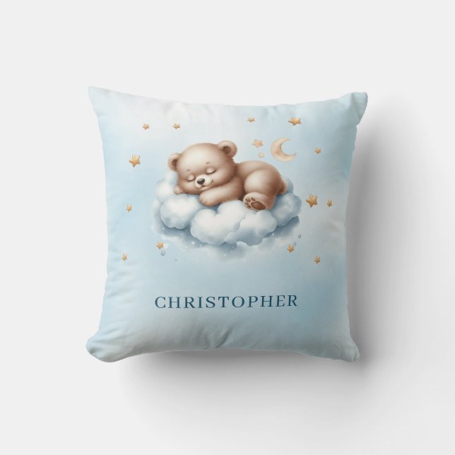 Cute sleeping teddy bear over the cloud throw pillow (Front)