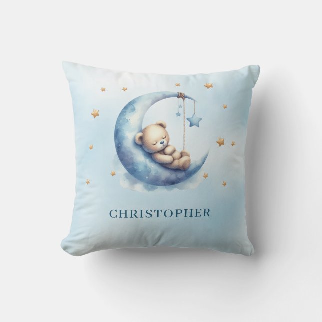 Cute sleeping teddy bear over the moon throw pillow (Front)