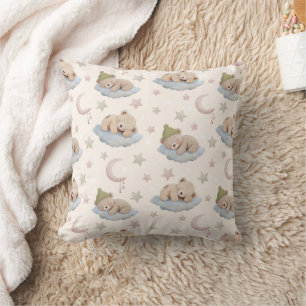 Cute Sleeping Teddy Bear Pattern with Stars & Moon Throw Pillow