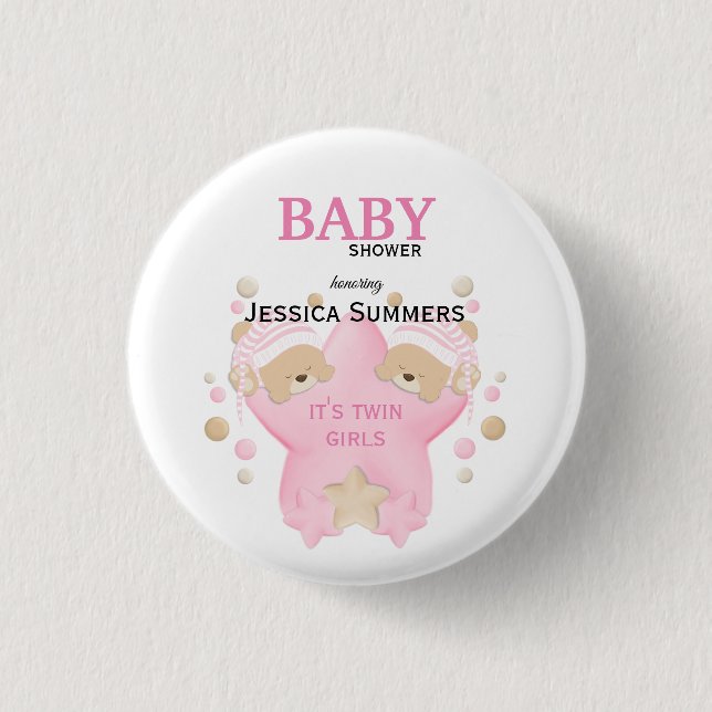 Cute Sleeping Teddy Bear Twin Baby Girls Shower Bu 1 Inch Round Button (Front)