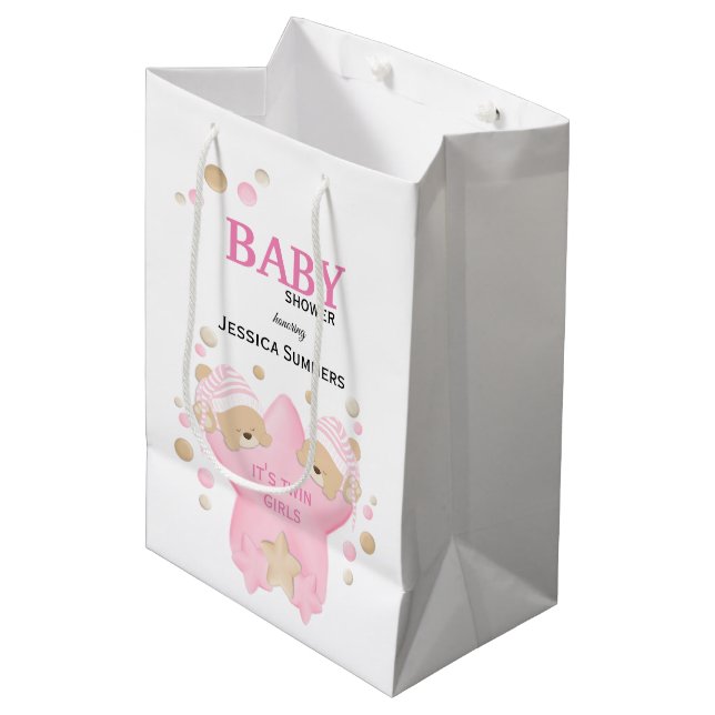 Cute Sleeping Teddy Bear Twin Baby Girls Shower Me Medium Gift Bag (Front Angled)