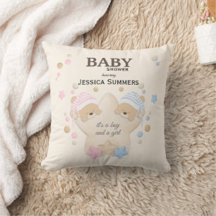 Cute Sleeping Teddy Bear Twins Baby Shower Throw P Throw Pillow