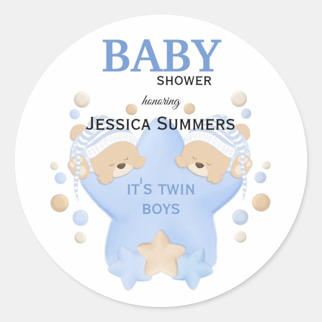 Cute Sleeping Teddy Bears Twin Baby Boys Shower Cl Classic Round Sticker (Front)