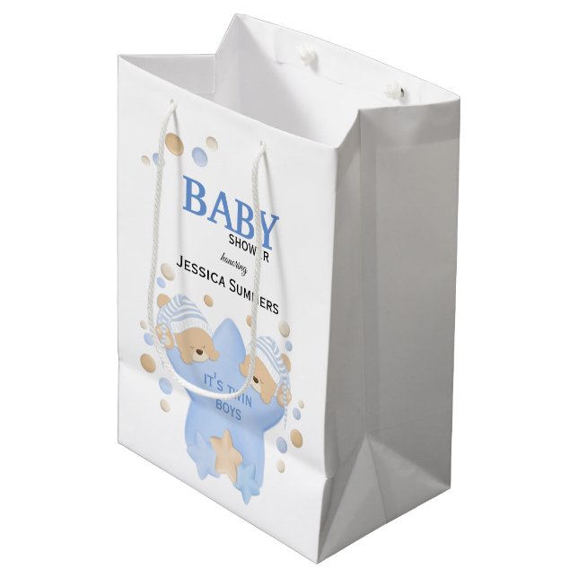 Cute Sleeping Teddy Bears Twin Baby Boys Shower Me Medium Gift Bag (Front Angled)