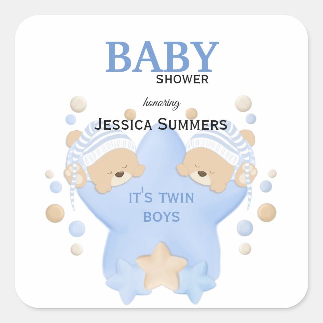 Cute Sleeping Teddy Bears Twin Baby Boys Shower Sq Square Sticker (Front)