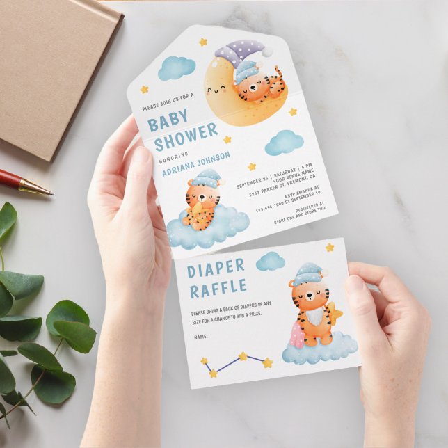 Cute Sleeping Tiger Crescent Moon Baby Shower All In One Invitation (Creator Uploaded)