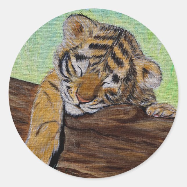 Cute Sleeping Tiger Cub Painting Classic Round Sticker (Front)