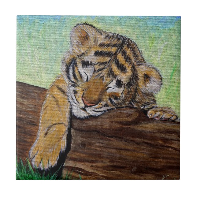 Cute Sleeping Tiger Cub Painting Tile (Front)