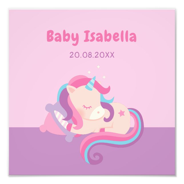 Cute Sleeping Unicorn Baby Girl Nursery Wall Decor Photo Print (Front)