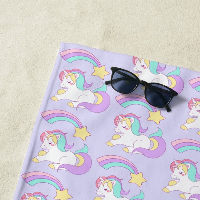 Cute Sleeping Unicorn with Colourful Shooting Star Beach Towel (In Situ)