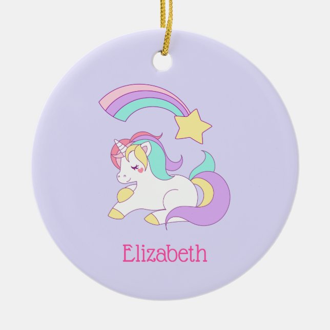 Cute Sleeping Unicorn with Colourful Shooting Star Ceramic Ornament (Front)