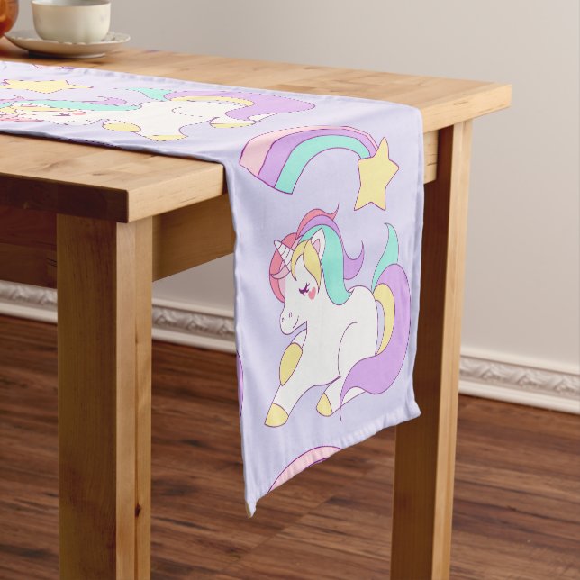 Cute Sleeping Unicorn with Colourful Shooting Star Short Table Runner (In Situ)