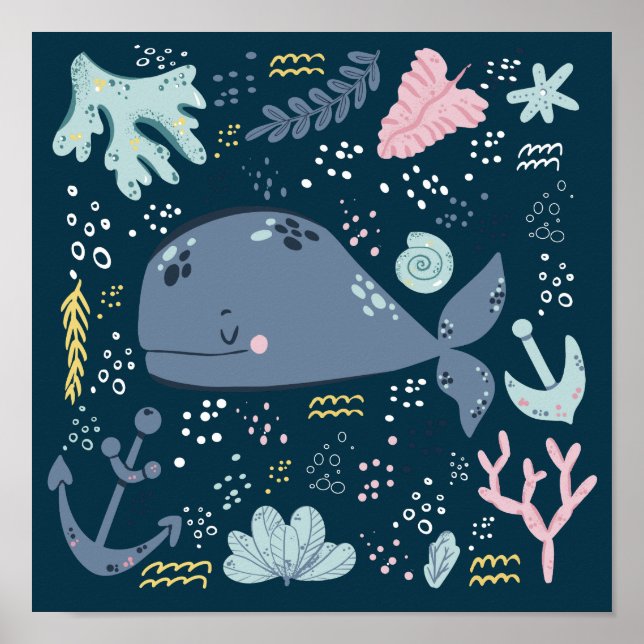 Cute Sleeping Whale Underwater Doodle Poster (Front)