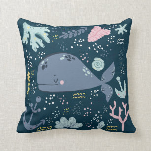 Cute Sleeping Whale Underwater Doodle Throw Pillow