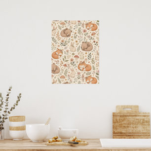 Cute Sleeping Woodland Animals Boho Pattern (Fox,  Poster