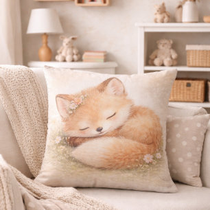 Cute Sleeping Woodland  Baby Fox Neutral Kids Room Throw Pillow