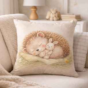 Cute Sleeping Woodland Hedgehog Neutral Kids Room Throw Pillow