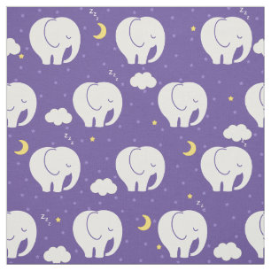 Cute sleepy baby elephants on stars background fabric