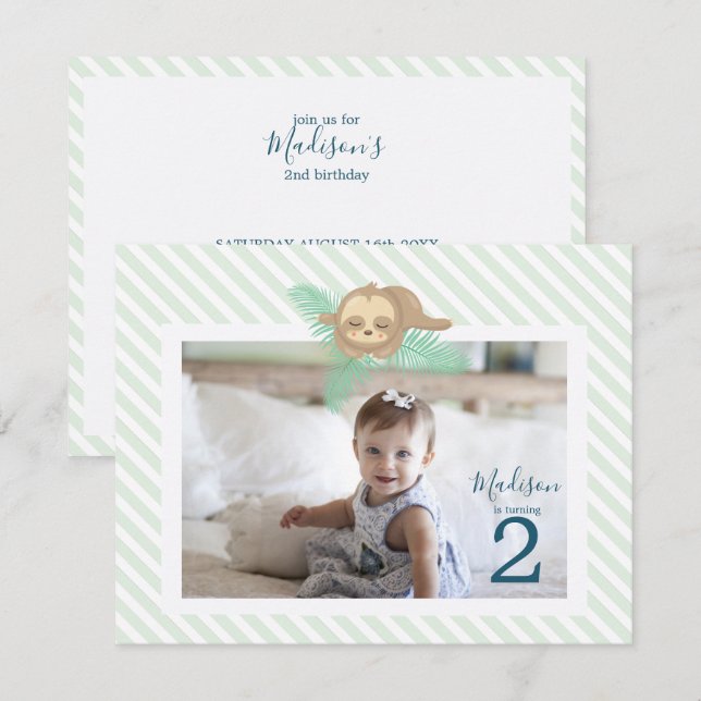 Cute Sleepy Baby Sloth 2nd Birthday Party Invitation (Front/Back)