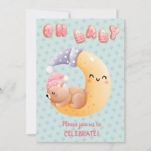Cute Sleepy Bear on Moon Girl Baby Shower Invitation