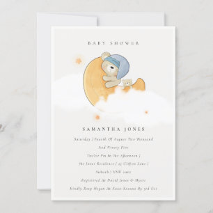 Cute Sleepy Bear Over Moon Boy Baby Shower Invite