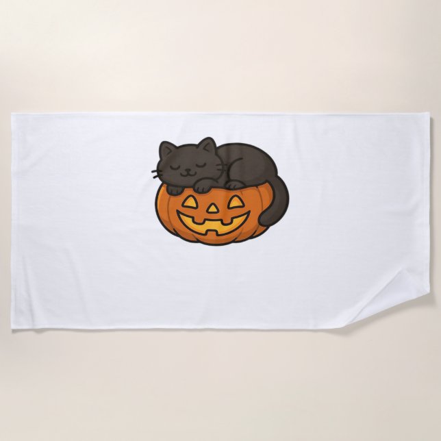 Cute Sleepy Black Cat on a Pumpkin Halloween Essen Beach Towel (Front)