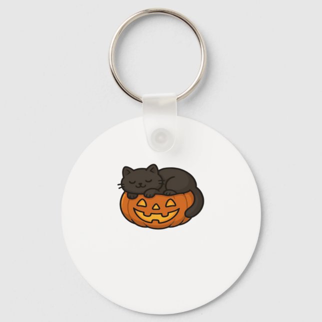Cute Sleepy Black Cat on a Pumpkin Halloween Essen Keychain (Front)