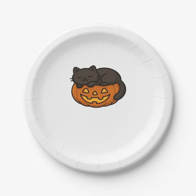 Cute Sleepy Black Cat on a Pumpkin Halloween Essen Paper Plate (Front)