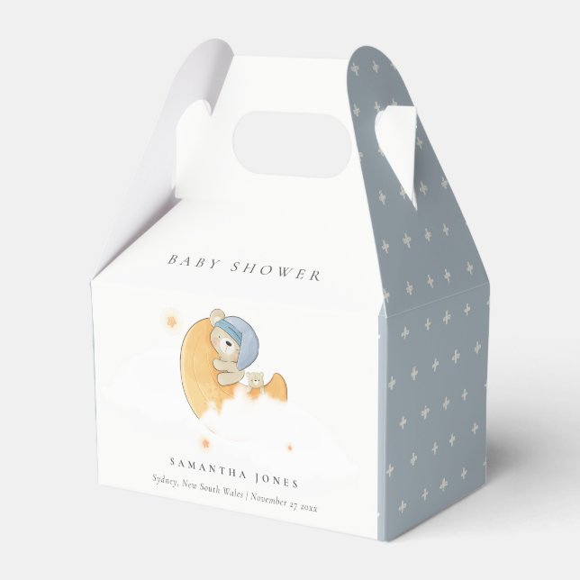 Cute Sleepy Blue Bear Over Moon Boy Baby Shower Favor Box (Front Side)