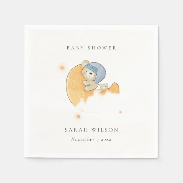 Cute Sleepy Blue Bear Over Moon Boy Baby Shower Napkin (Front)