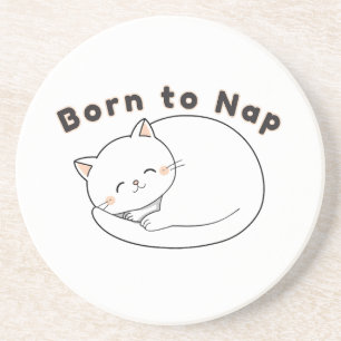Cute Sleepy Cat “Born to Nap” Line Art Design Coaster