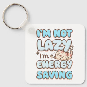 Cute Sleepy Cat "Energy Saving" Quote Keychain