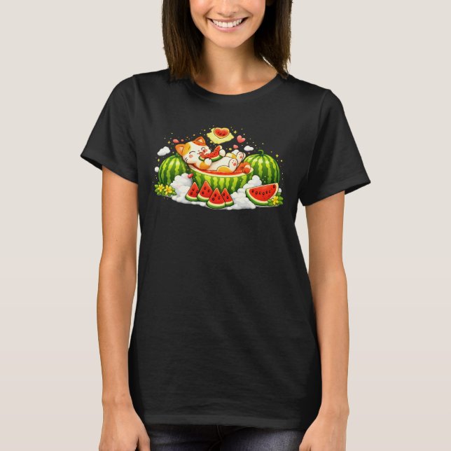 Cute Sleepy Cat in Watermelon  T-Shirt (Front)