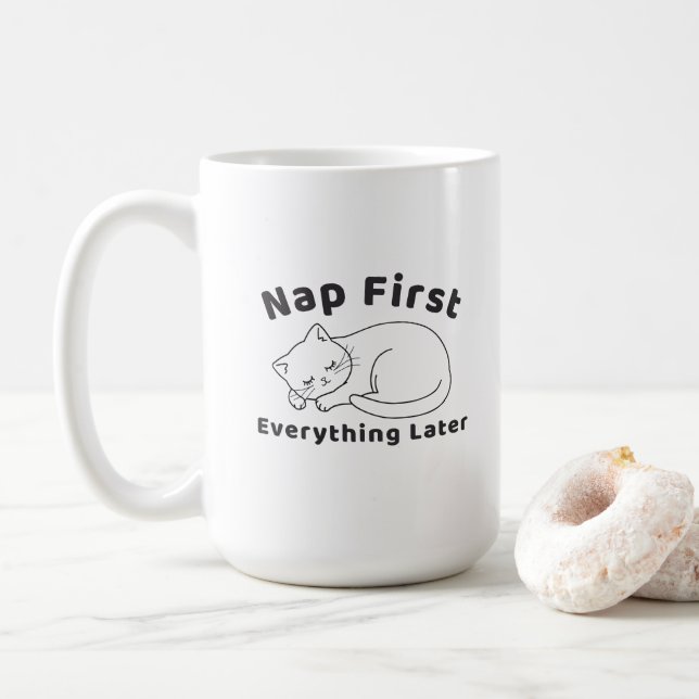 Cute Sleepy Cat “Nap First” Line Art Design Coffee Mug (With Donut)