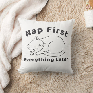 Cute Sleepy Cat “Nap First” Line Art Design Throw Pillow