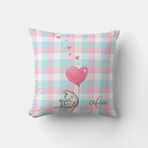 Cute Sleepy Cat Pink Blue Monogram  Throw Pillow