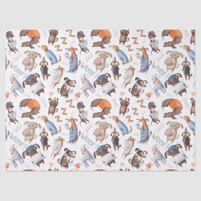 Cute Sleepy Dogs on White Decoupage Tissue Paper (Front)