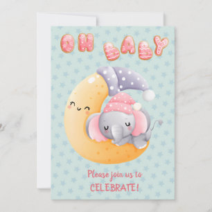 Cute Sleepy Elephant on Moon Girl Baby Shower Invitation