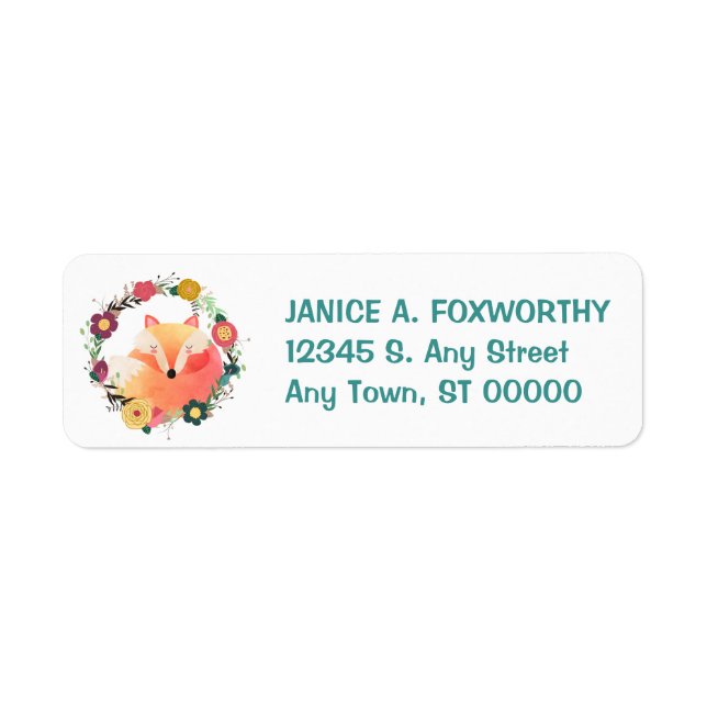 Cute Sleepy Fox in Wreath Return Address Label (Front)