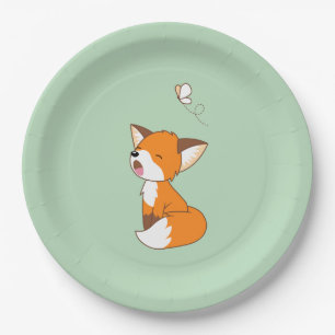 Cute Sleepy Little Fox on Green Paper Plate