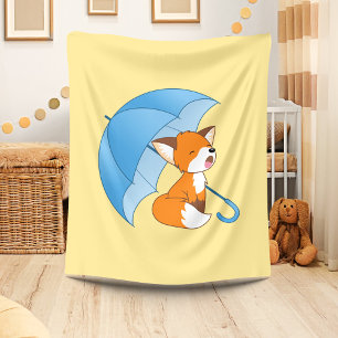 Cute Sleepy Little Fox under Umbrella Fleece Blanket