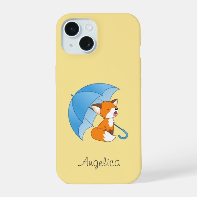 Cute Sleepy Little Fox under Umbrella iPhone 15 Case (Back)